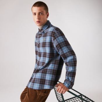 Lacoste LIVE Checked Flannel Lined Oversized Shirt Pánské - Šortky Blankyt / Hnědé | CZ-TAgpFe